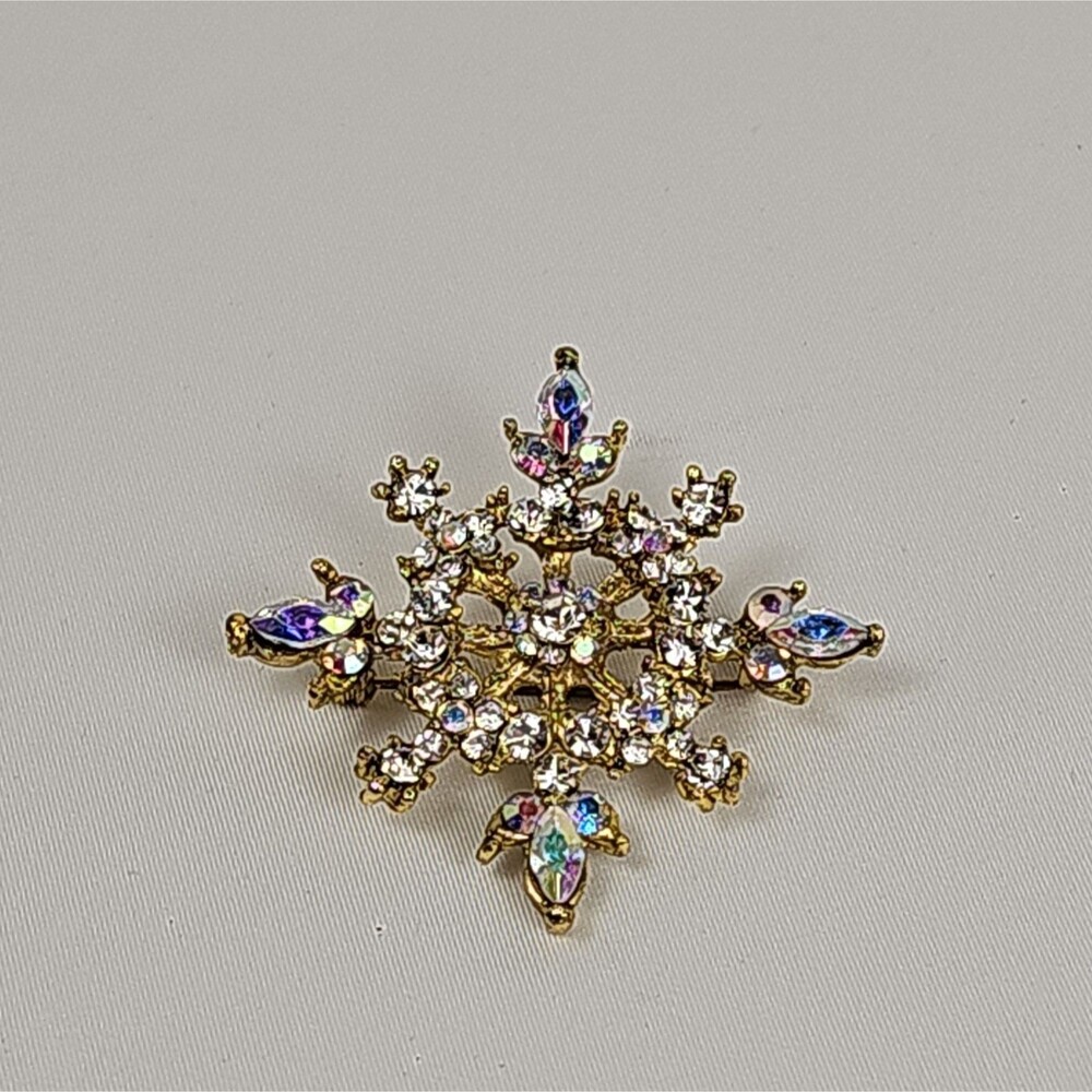 Vintage 1950s 60s AB Rhinestone Floral Starburst Brooch Gold Tone